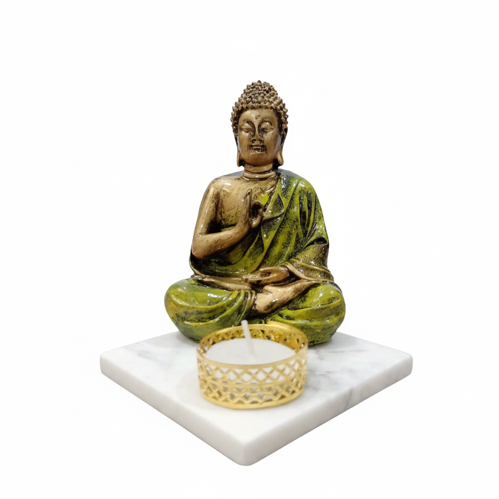 Light Green Meditating Buddha Idol with Tealight Candle Holder
