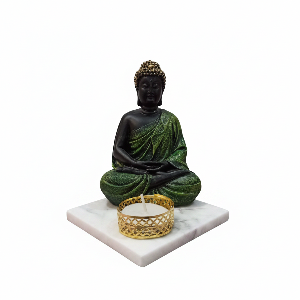 Green Meditating Buddha Idol with Tealight Candle Holder