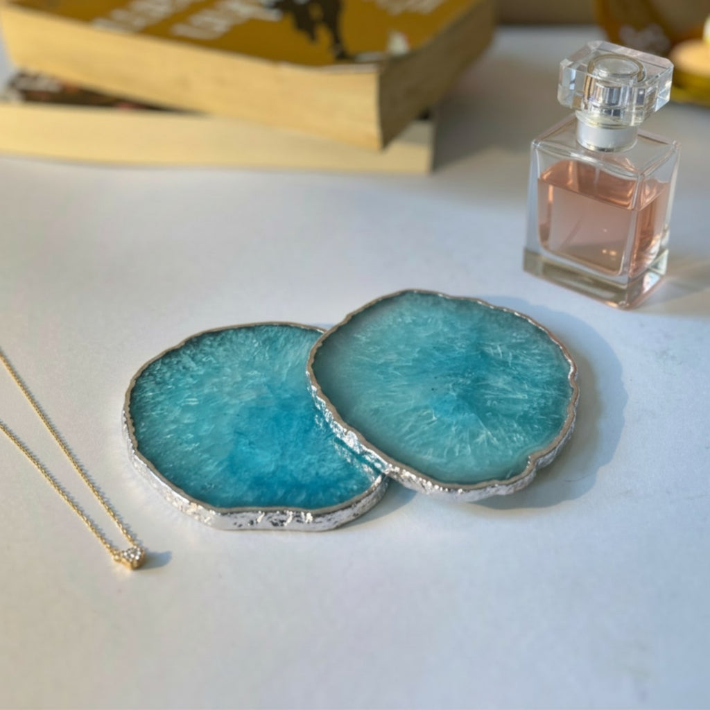 Turquoise Crystal Agate Coaster With Silver Plating Set of 2