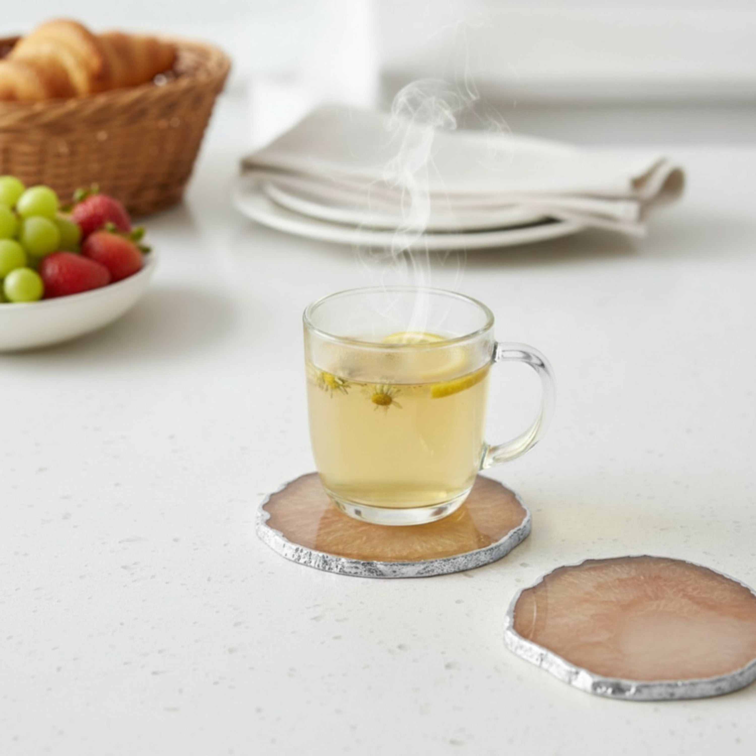 Brown  Crystal Agate Coaster With Silver Plating Set of 2