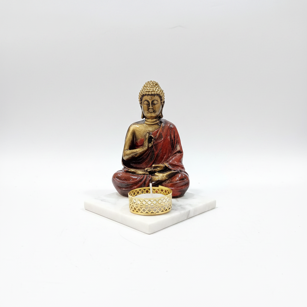 Red Meditating Buddha Idol with Tealight Candle Holder