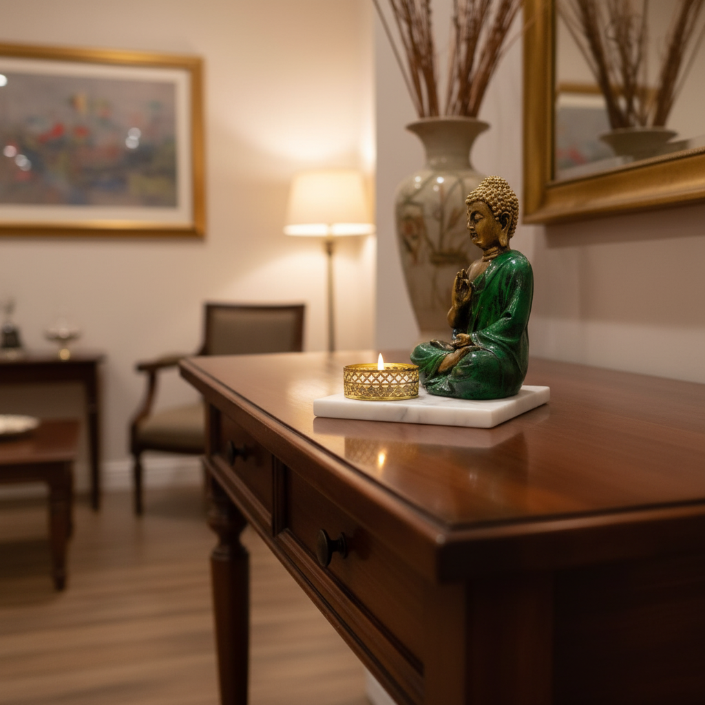 Dark Green Meditating Buddha Idol with Tealight Candle Holder