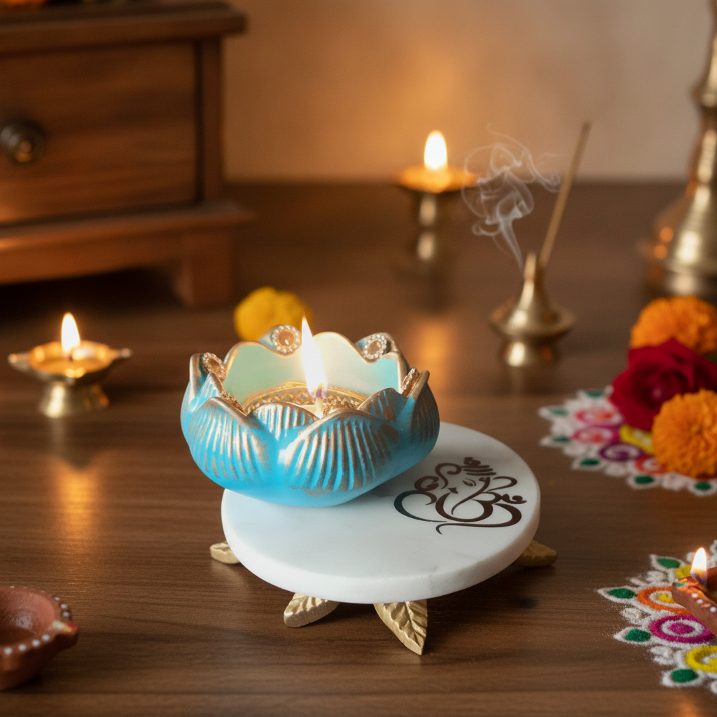 White Marble Choki And Polyresin Tea Light Holder