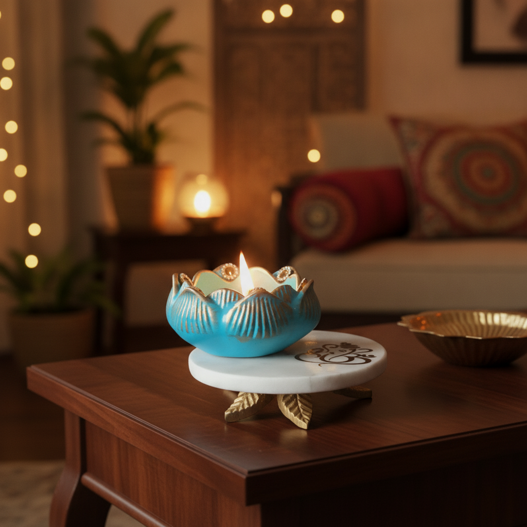 White Marble Choki And Polyresin Tea Light Holder