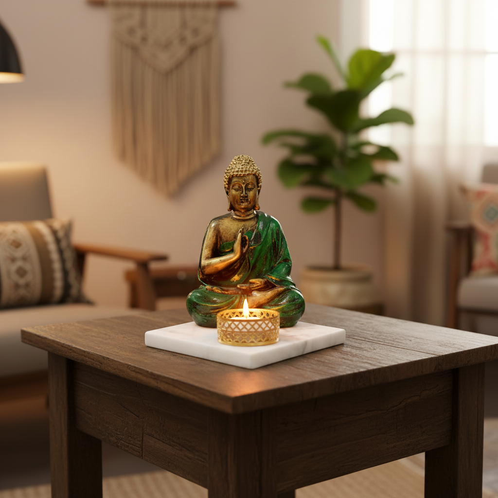 Dark Green Meditating Buddha Idol with Tealight Candle Holder
