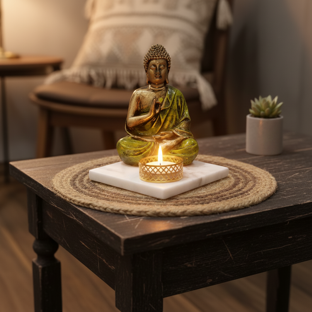 Light Green Meditating Buddha Idol with Tealight Candle Holder