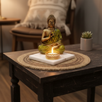 Light Green Meditating Buddha Idol with Tealight Candle Holder