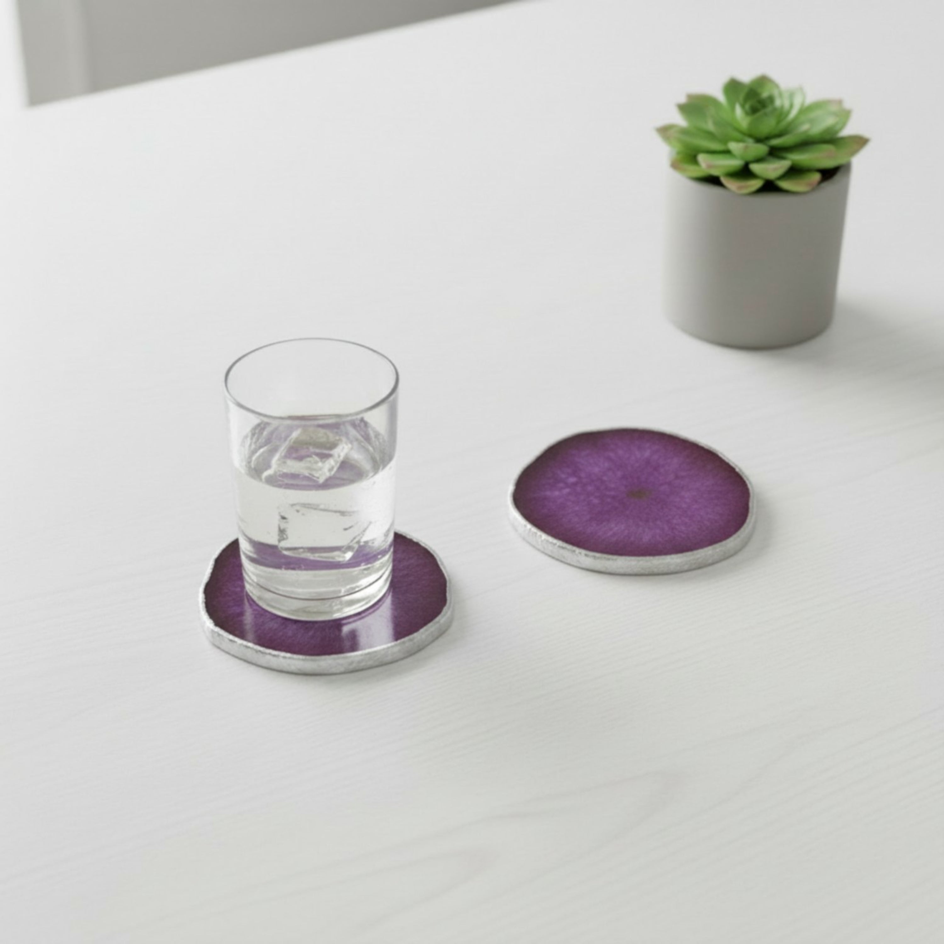Pink  Crystal Agate Coaster With Silver Plating Set of 2