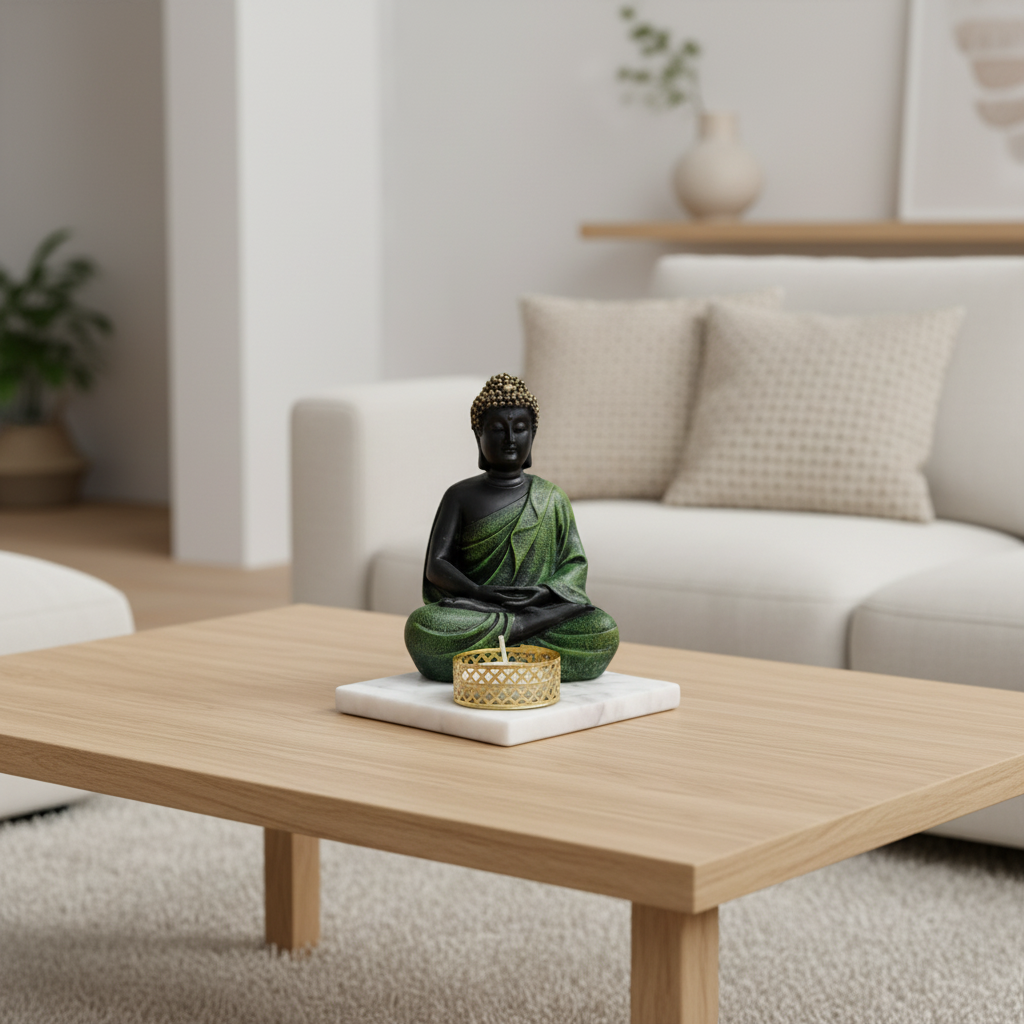 Green Meditating Buddha Idol with Tealight Candle Holder