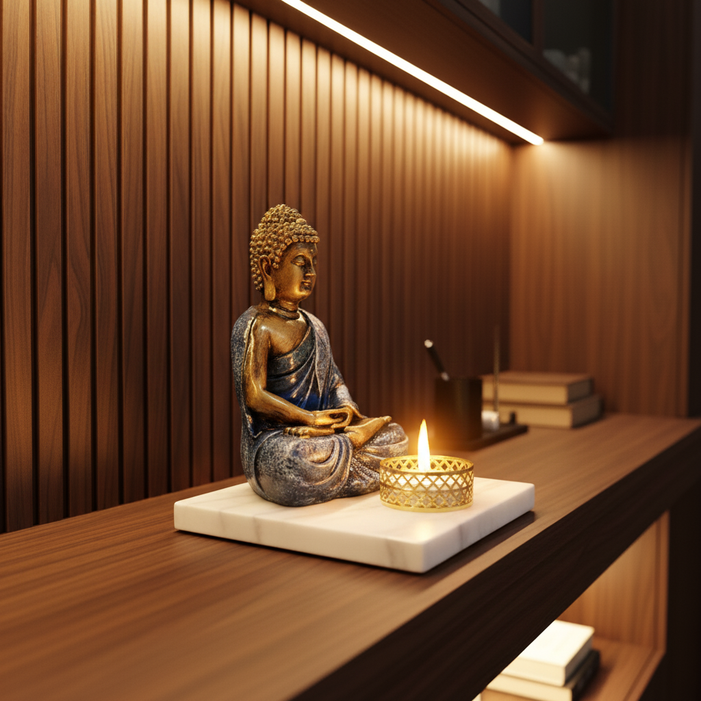 Blue Meditating Buddha Idol with Tealight Candle Holder