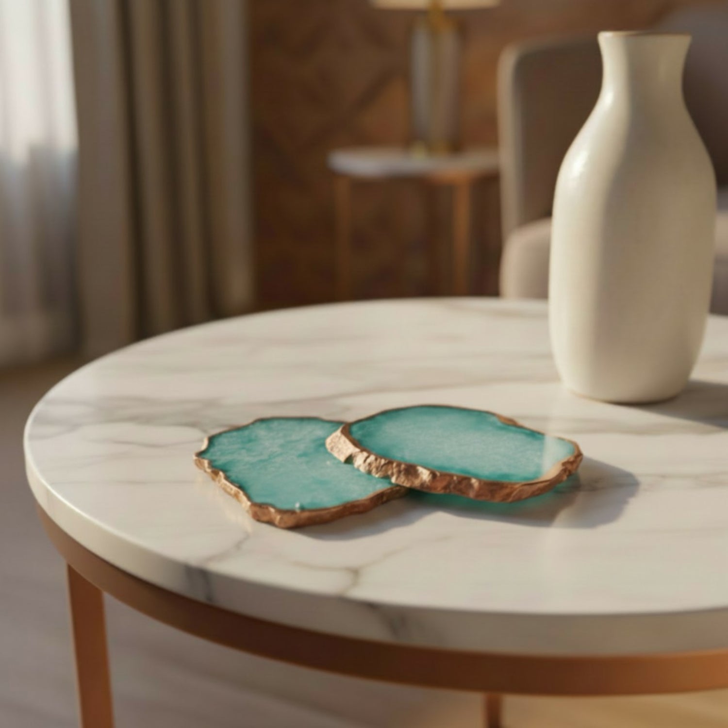 White Crystal Agate Coaster With Rose Gold Plating Set of 2