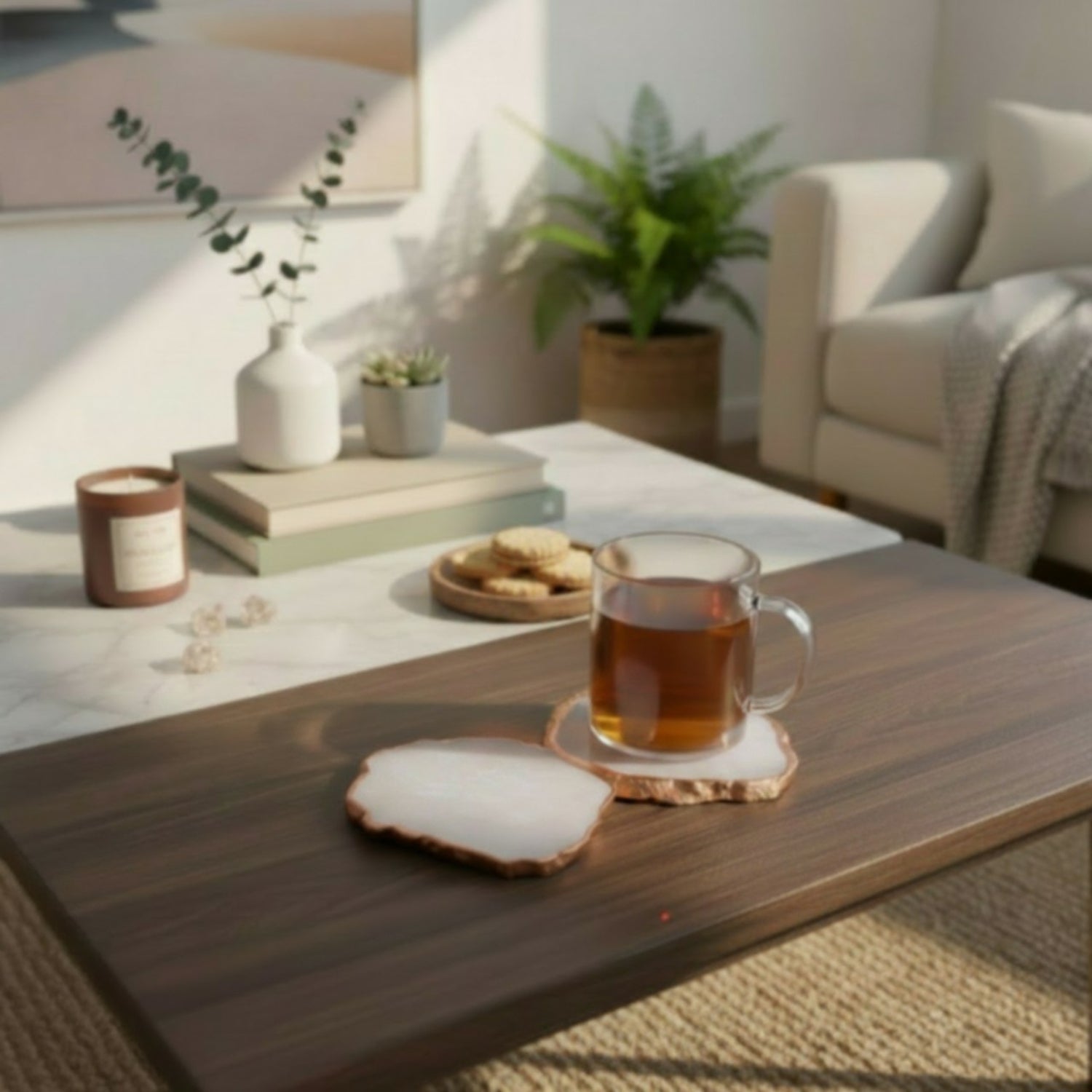 White Crystal Agate Coaster With Rose Gold Plating Set of 2