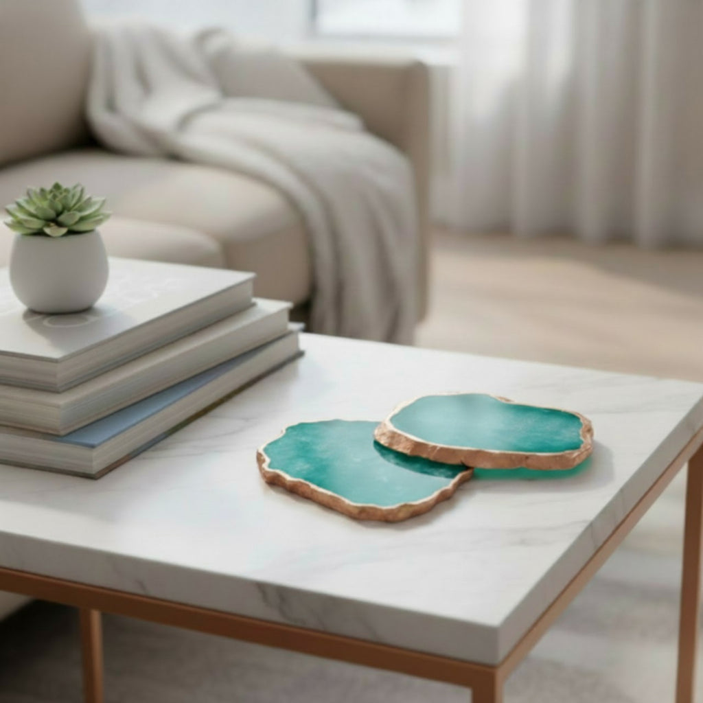 Turquoise  Crystal Agate Coaster With Rose Gold Plating Set Of 2