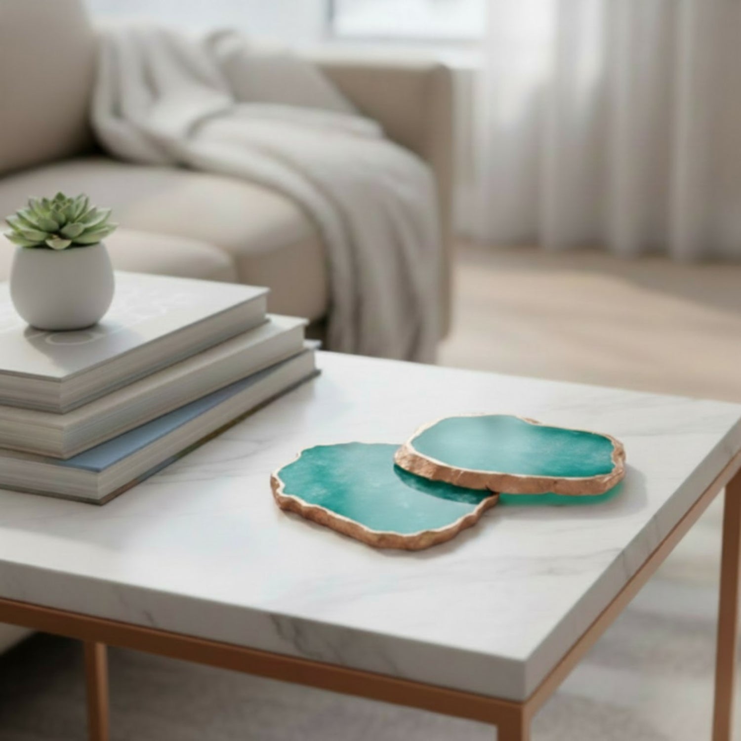 Turquoise  Crystal Agate Coaster With Rose Gold Plating Set Of 2