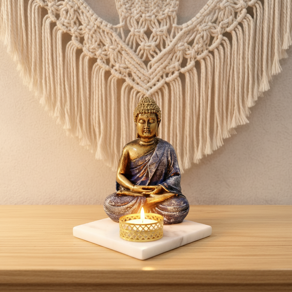 Blue Meditating Buddha Idol with Tealight Candle Holder