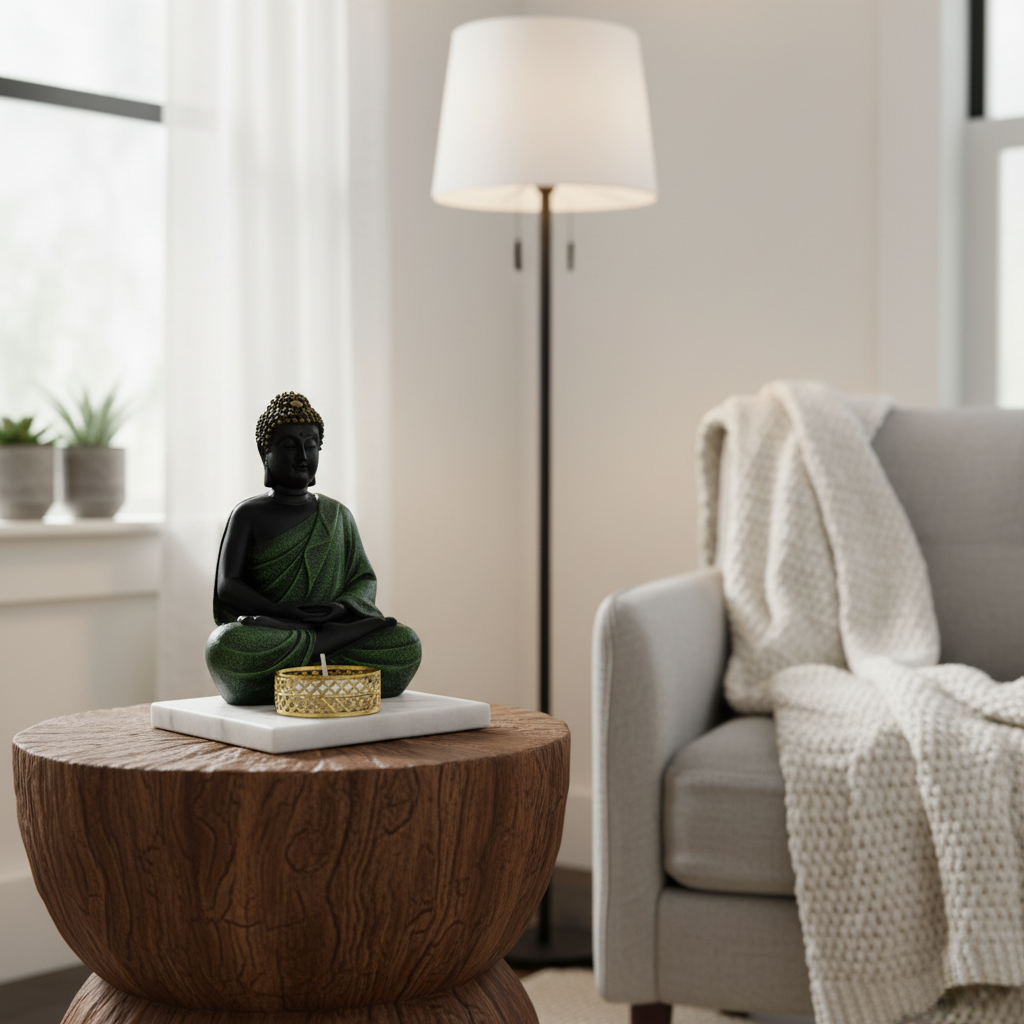 Green Meditating Buddha Idol with Tealight Candle Holder