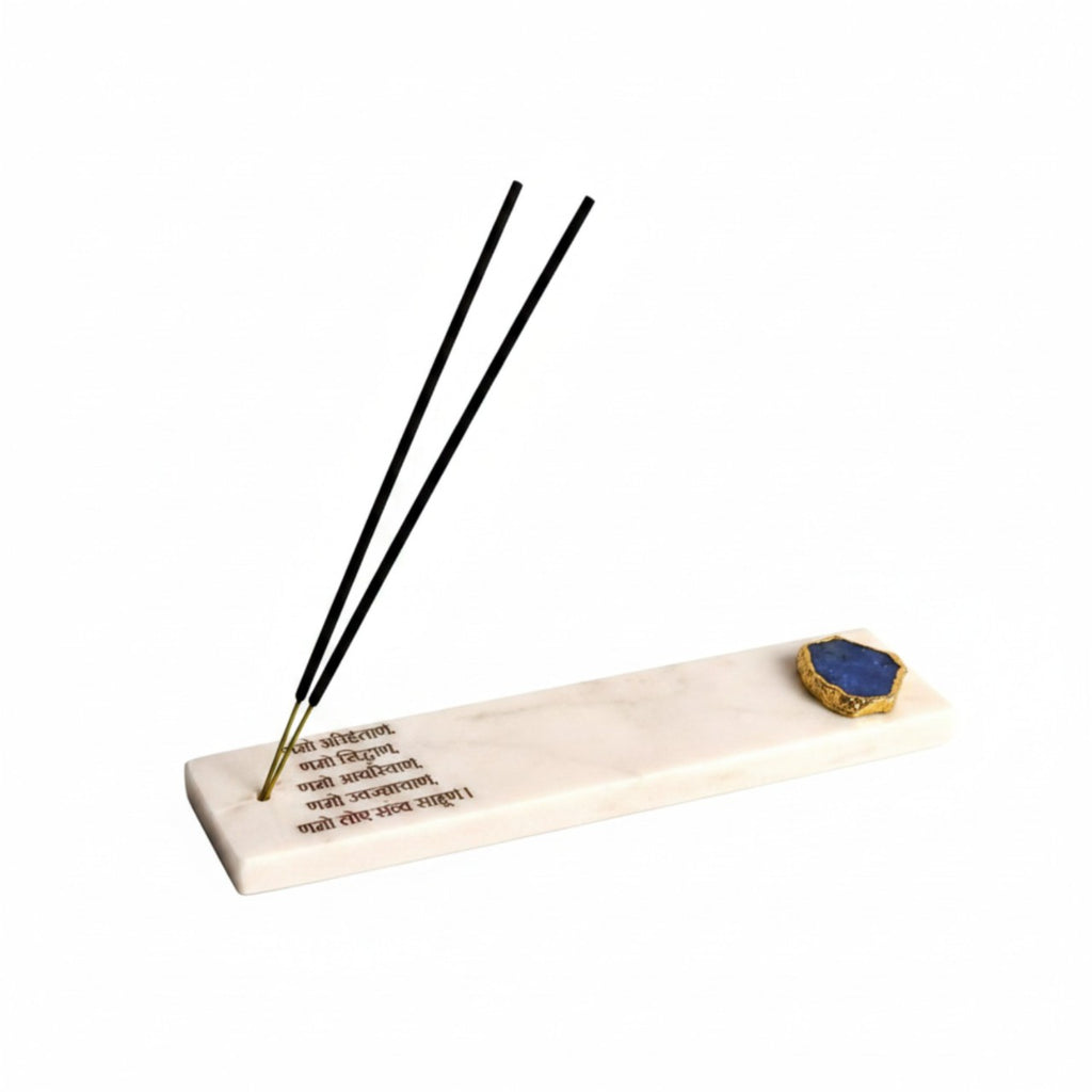 Marble with Agate Namokar Mantra Agarbatti Stand Puja Incense Stick Holder with Ash Catcher Incense Burner