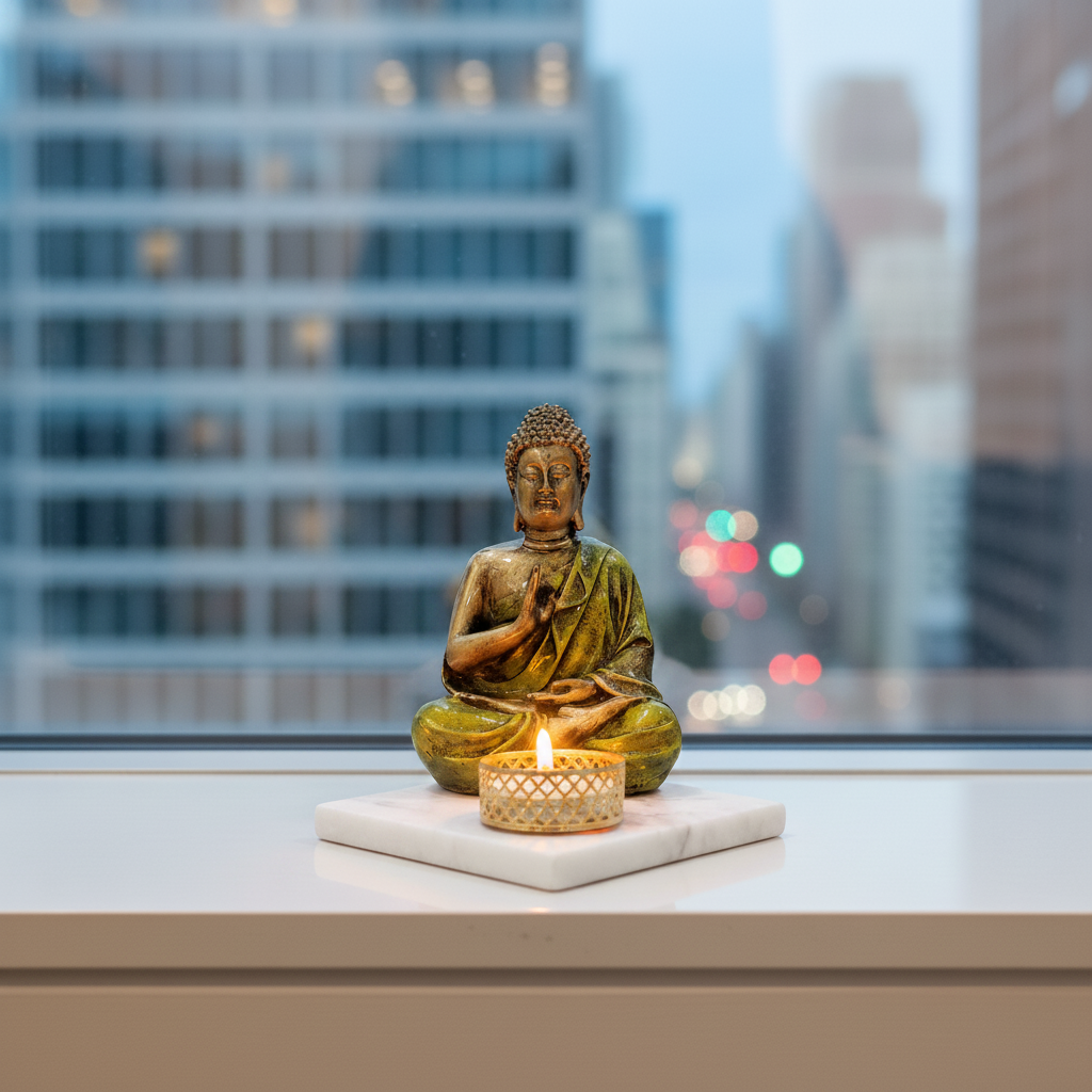 Light Green Meditating Buddha Idol with Tealight Candle Holder