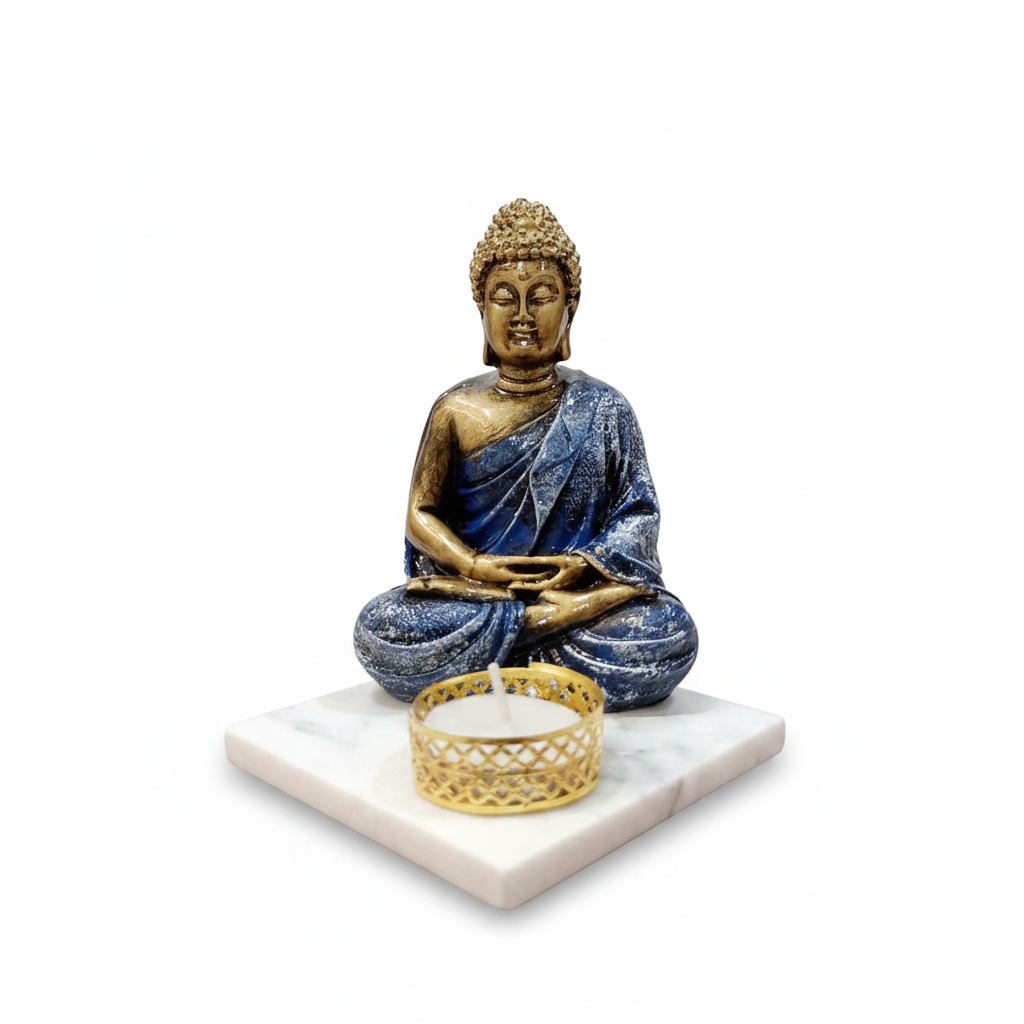 Blue Meditating Buddha Idol with Tealight Candle Holder