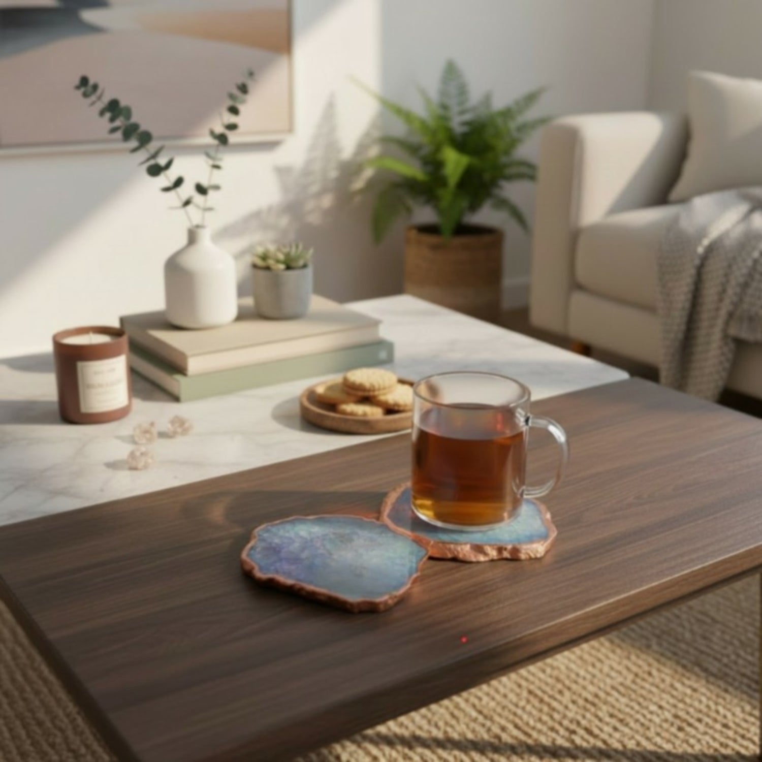 Blue  Crystal Agate Coaster With Rose Gold Plating Set of 2